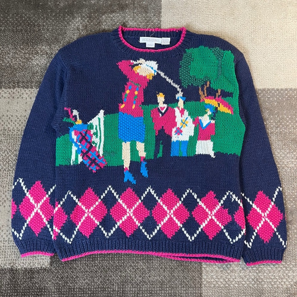 Heirlooms Vintage Handknit Golf‎ Sweater Womens Large Navy Blue Argyle Novelty L